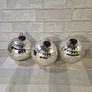 Pottery Barn Large Mercury Etched Glass Christmas Ornament 6" Ball Silver x 3